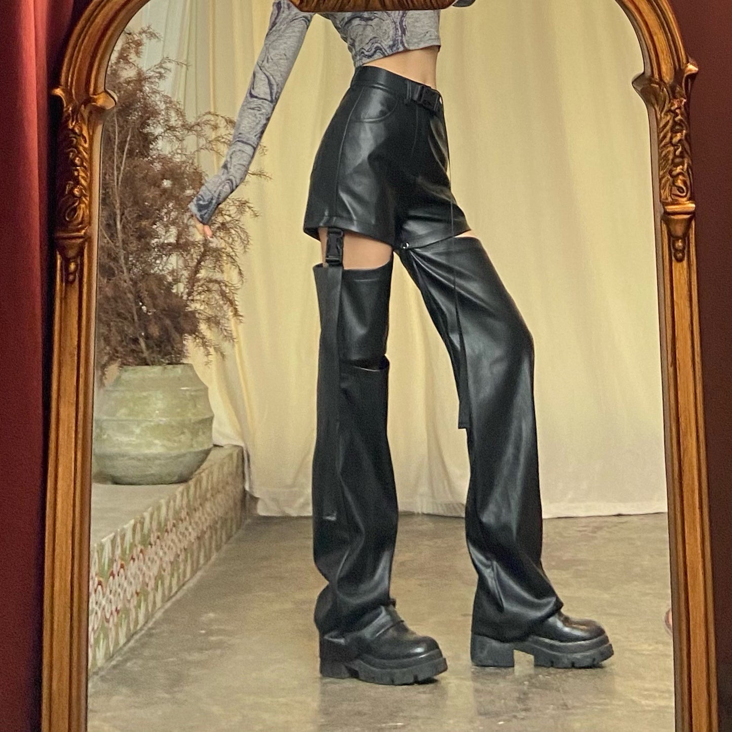 Women High Waist Straight Mopping Pants Detachable Ripped Trousers Loose Leather Pants