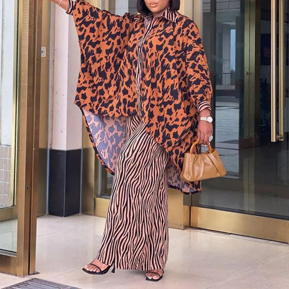 Women Clothing Printing Shirt Wide Leg Pants Two Piece African Suit