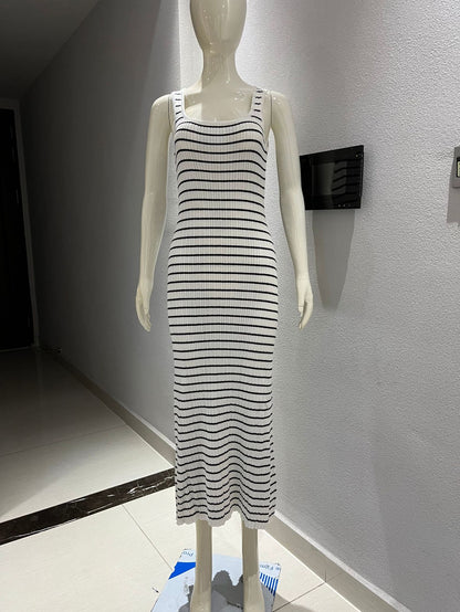 Striped Vest Contrast Color Beach Vacation Sexy Dress Knitted Sunken Stripe Maxi Dress Summer Women