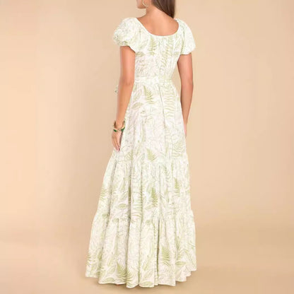 Frühlings-/Sommerkleid mit bedruckten Puffärmeln und Schnürung, elegantes Maxikleid für Damen