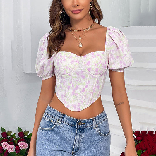 Top sexy de verano con estampado de gasa, corsé para deshuesar, copa en el pecho, anillo de acero, camiseta para mujer