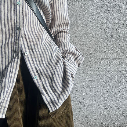 Camisa a rayas de lino sin estampado para mujer, vestido vendaje de primavera y otoño, cárdigan de manga larga, camisa informal de nicho, ropa de lino y algodón para mujer