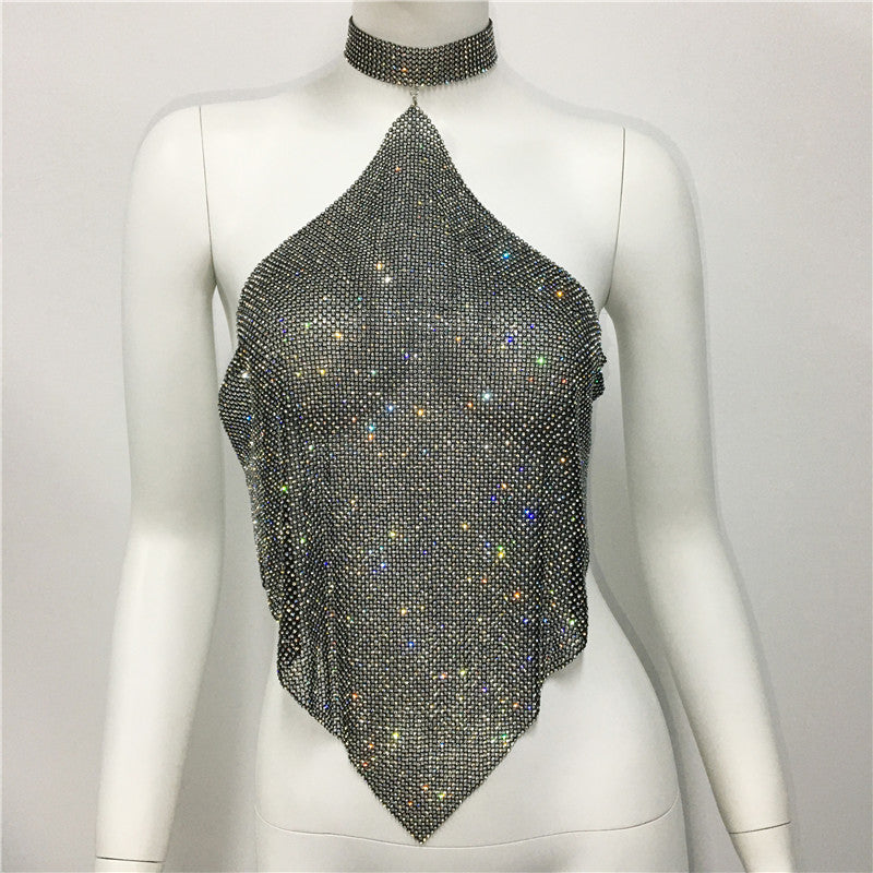 Damenbekleidung Volldiamant Neckholder Spaghettiträger Sexy Club Wear Unregelmäßiges asymmetrisches Sexy Metall Strass Top