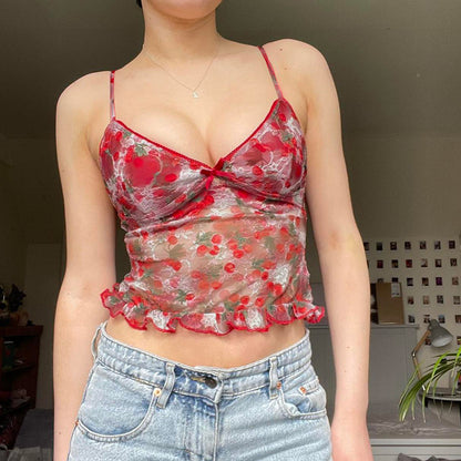 Sweet Spicy Sexy V neck Cherry Print Blooming Mesh Camisole Girl Dopamine Low Cut Cinched Lace Vest