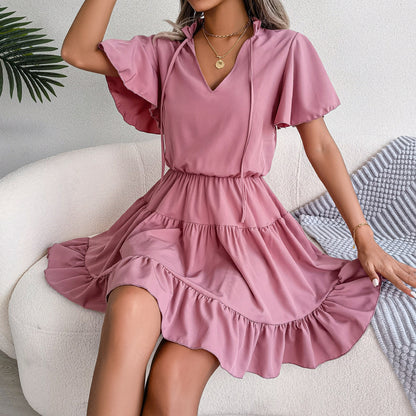 Primavera Verano cinta con volantes dobladillo grande línea A vestido de Color sólido ropa de mujer