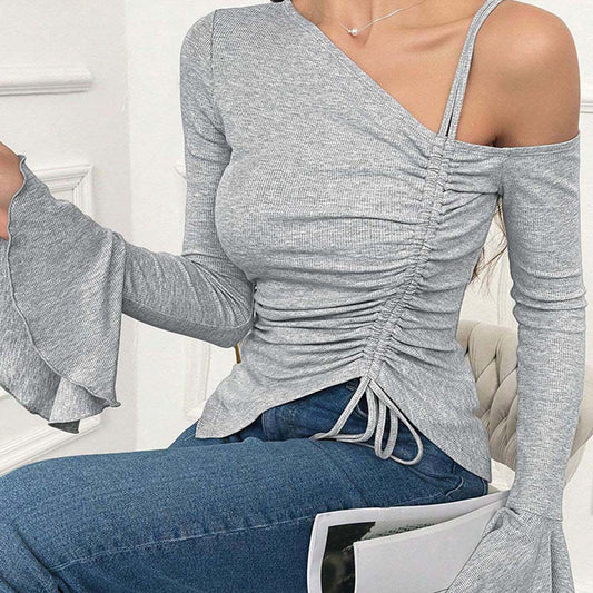 Frauen Kleidung Süße Würzige Diagonal Kragen T Shirt Herbst Winter Rüschen Ärmel Einseitige Strap Kurze Top