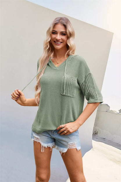 Summer V neck Hooded Sweater with Pockets Hollow Out Cutout Short Sleeved Top for Women