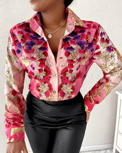 Women Shirt Long-Sleeved Spring Autumn Shirt Collared Button Printed Shirt for Women