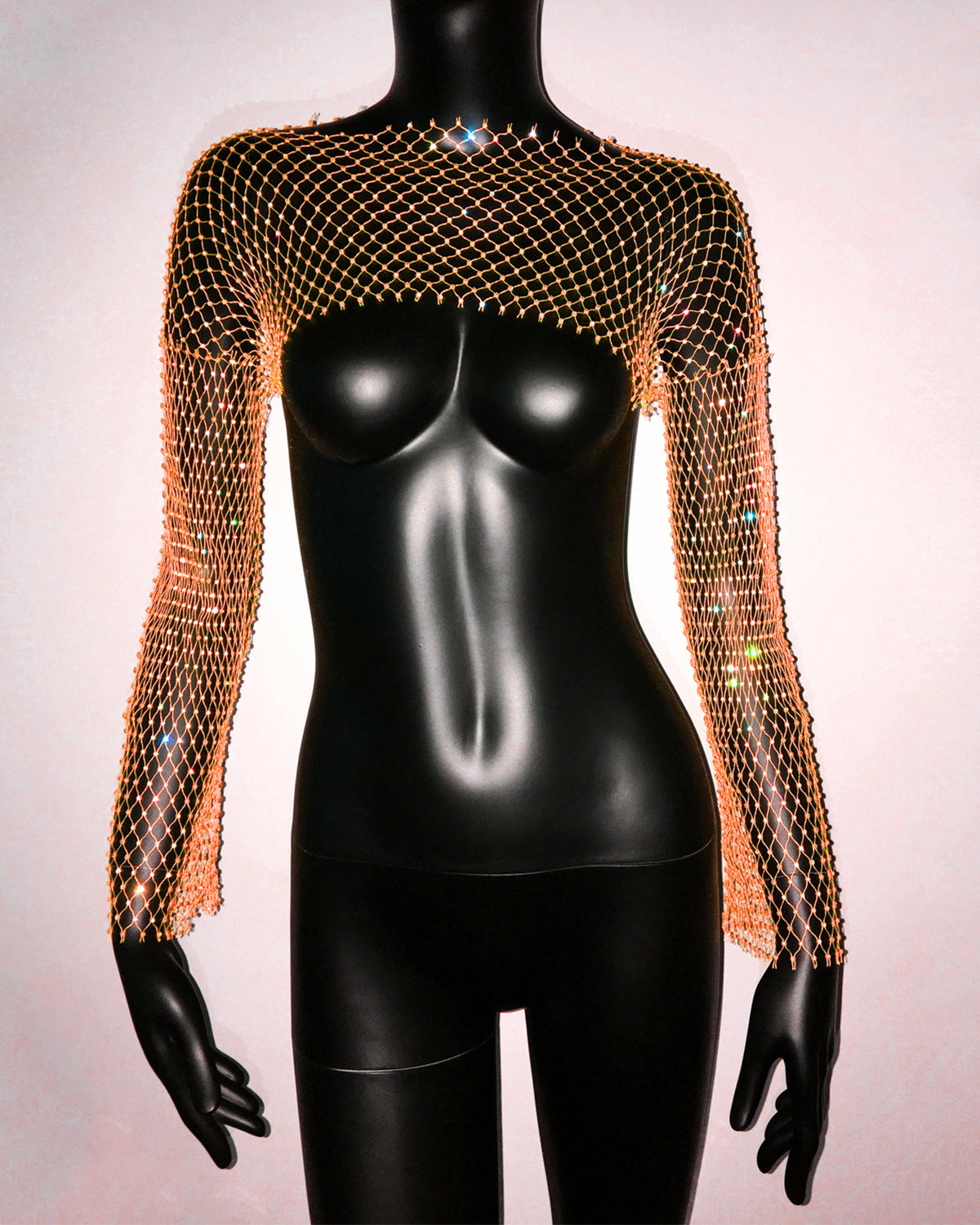 Women Clothing Fishnet Rhinestone Long Sleeved Top Stretch Sexy T shirt