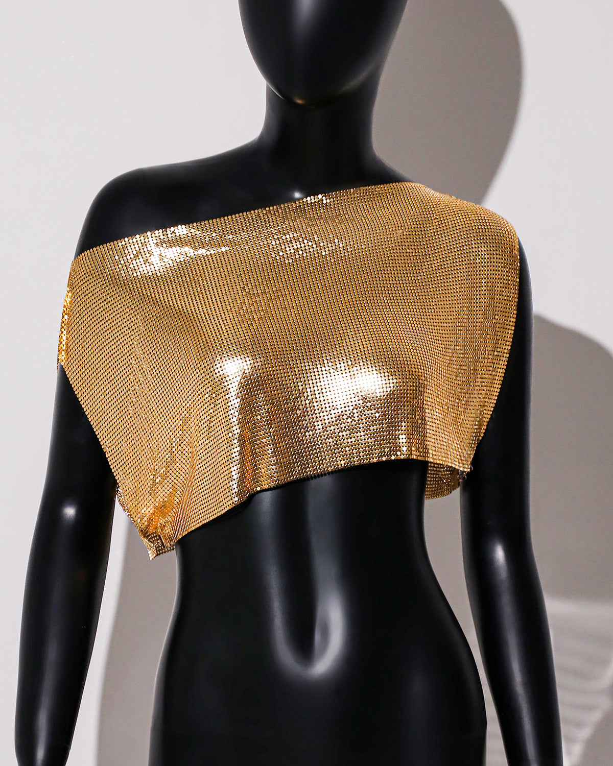 Women Clothing Metal Sequ Top Women Personality Oblique Shoulder Tops Off Neck Vest Aluminum Mesh Sequined Top