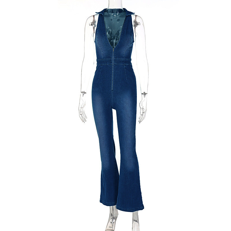 Women Clothing Slim Fit Slimming Zipper Sleeveless V-neck High Waist Retro Denim Jumpsuit