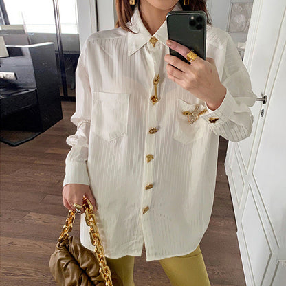 Retro Cardigan Women Top Spring Striped Metal Buckle Collared Loose Thin Shirt