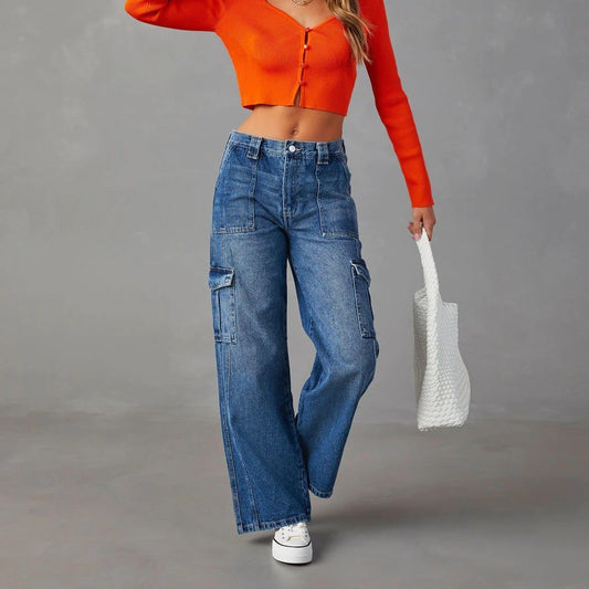 Y2g Multi Bag Jeans für Damen, hohe Taille, gerade Hose, verwaschene, lockere Jeans