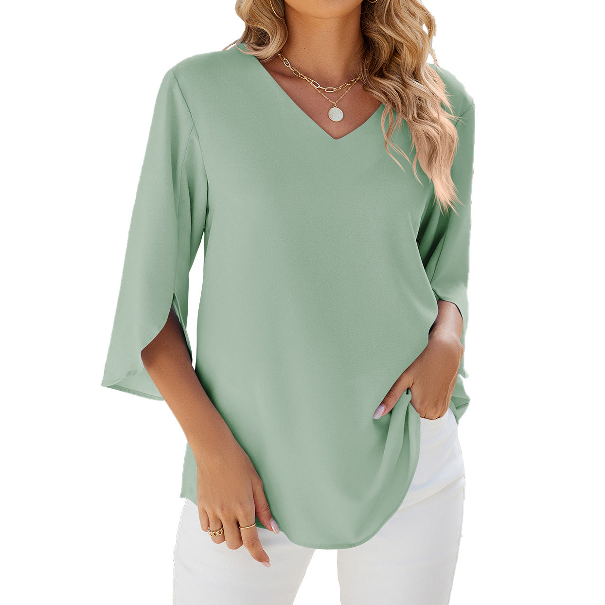 Spring Summer Solid Color V neck Half Sleeves Loose Chiffon Shirt Women Top