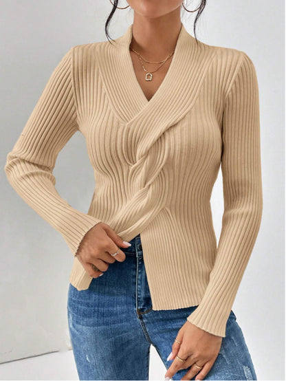 Women Clothing Knitwear Thread Slit Hemline at Hem Long Sleeve Solid Color Slim Fit Sweater Women