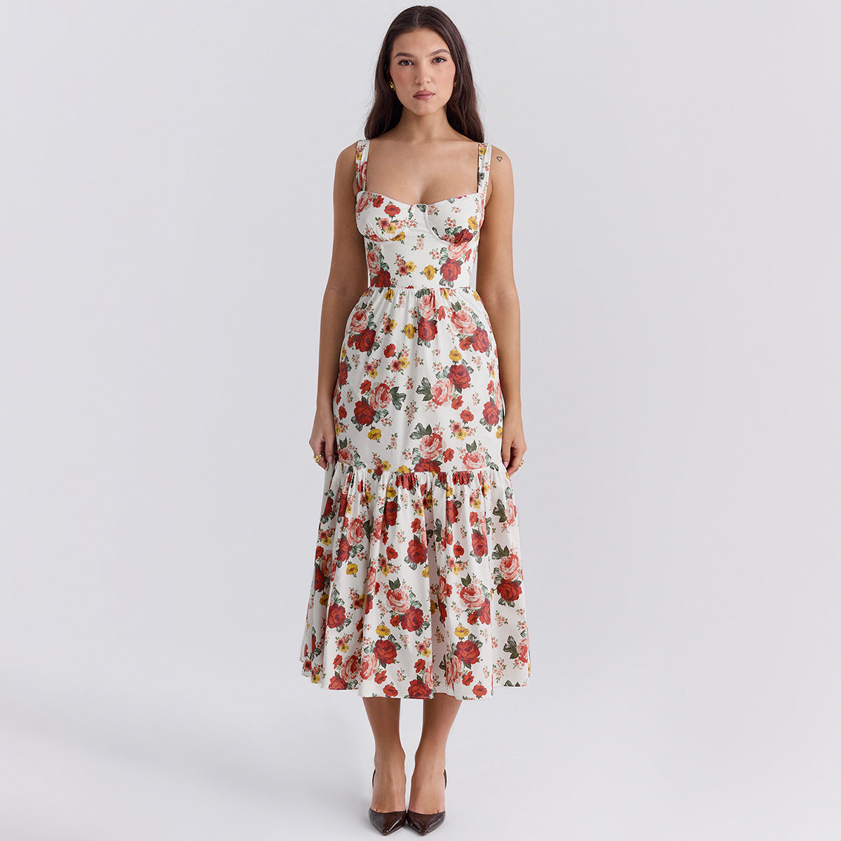 Sommer-Kleid für Damen, Kollektion „Sweet Spicy Floral“, rückenfreies, ärmelloses Midikleid mit Trägern für Damen im Sommer