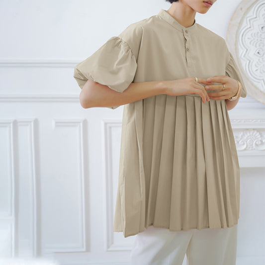 Spring Summer Cotton Anti Wrinkle Women Shirt Lantern Sleeve Pleated Cute Top