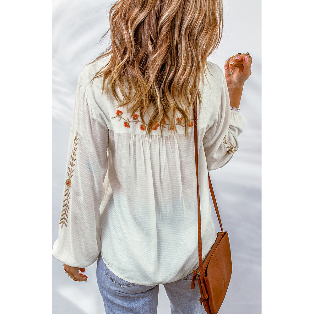 Floral Bestickt V hals Pullover Shirt Frauen Quaste Lace up Langarm Chiffon