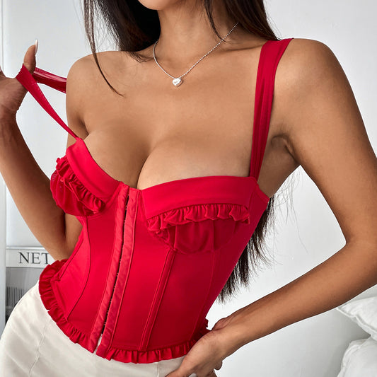 Patchwork Mesh Design Chest Cup Boning Corset Bra Camisole