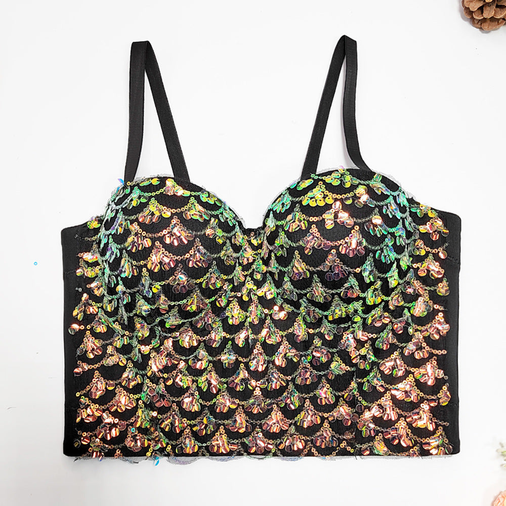 Perlenstickerei Pailletten Sling Quelle Elegantes Perlen-Tube-Top Nachtclub Göttin Korsett mit Stäbchen Korsett-Top mit Stäbchen