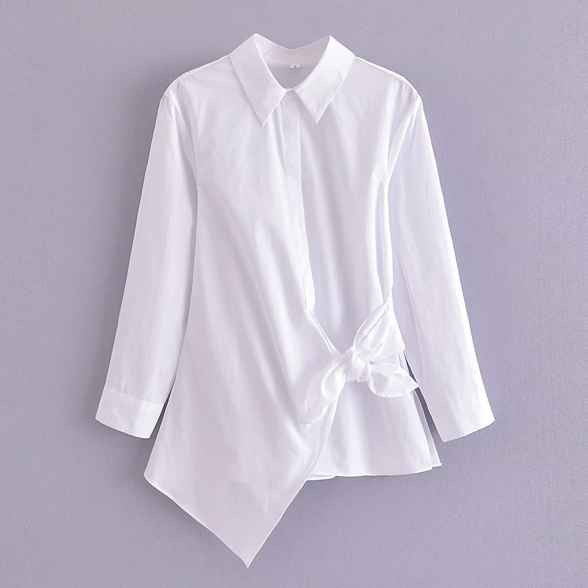 Summer Simple Collared Long Sleeve Asymmetric White Single Breasted Shirt for Women