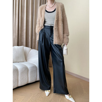 Urban Modern Soft Protein Leather Fleece Thickening Wide Leg Pants Fashionable Mopping Leather Pants