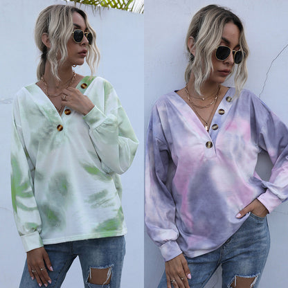 Damen Kleidung Lose Tie Dye Gradient T-Shirt Sexy Casual V-Ausschnitt Top