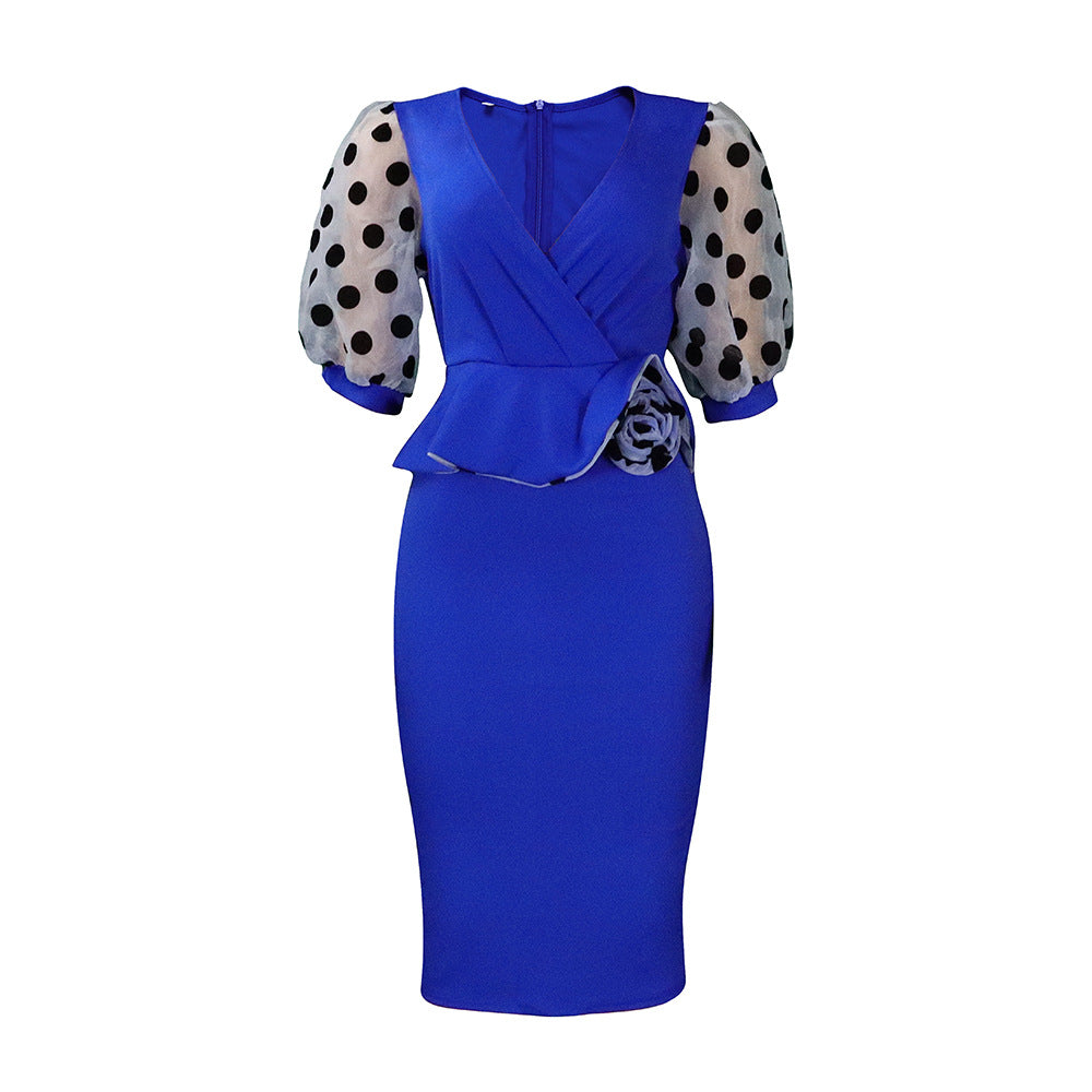 Women Summer Knitted Stitching Dotted Prints Puff Sleeve Pencil Dress 3D Decoration