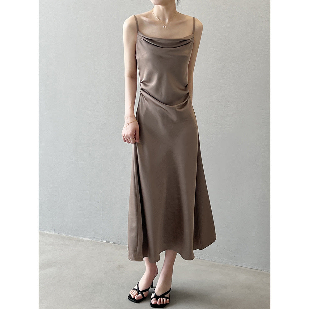 Satin-Slingkleid mit französischem Swingkragen, Sommer-Maxikleid mit Fischschwanz