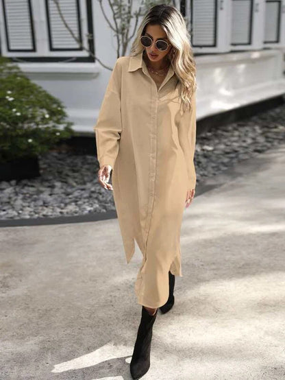 Stand Alone Popular Solid Color Drop Shoulder Curved Hem Shirt Dress Without Belt