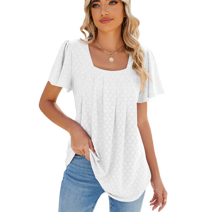 Spring Summer Solid Color Square Collar Pleated Short Sleeves Loose Fitting T shirt Top Women