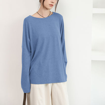 Japanese Korean Early Autumn Women T shirt High Grade Loose Solid Color round Neck Drop Shoulder Lazy Casual Long Sleeved Top