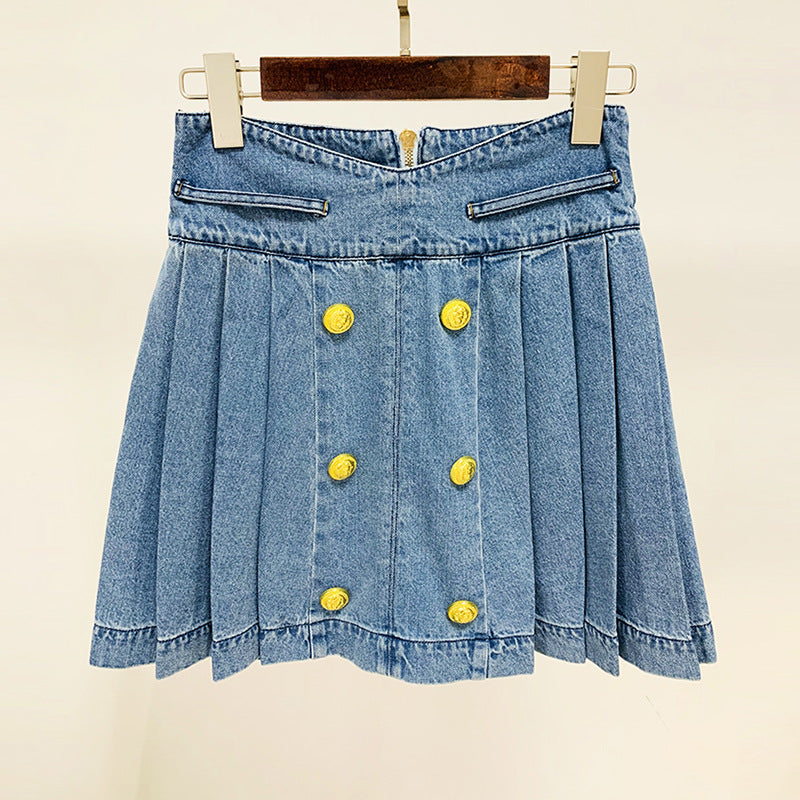 Goods Star Double Breasted Lion Buckle Pleated Wash Denim Skirt Short Skirt