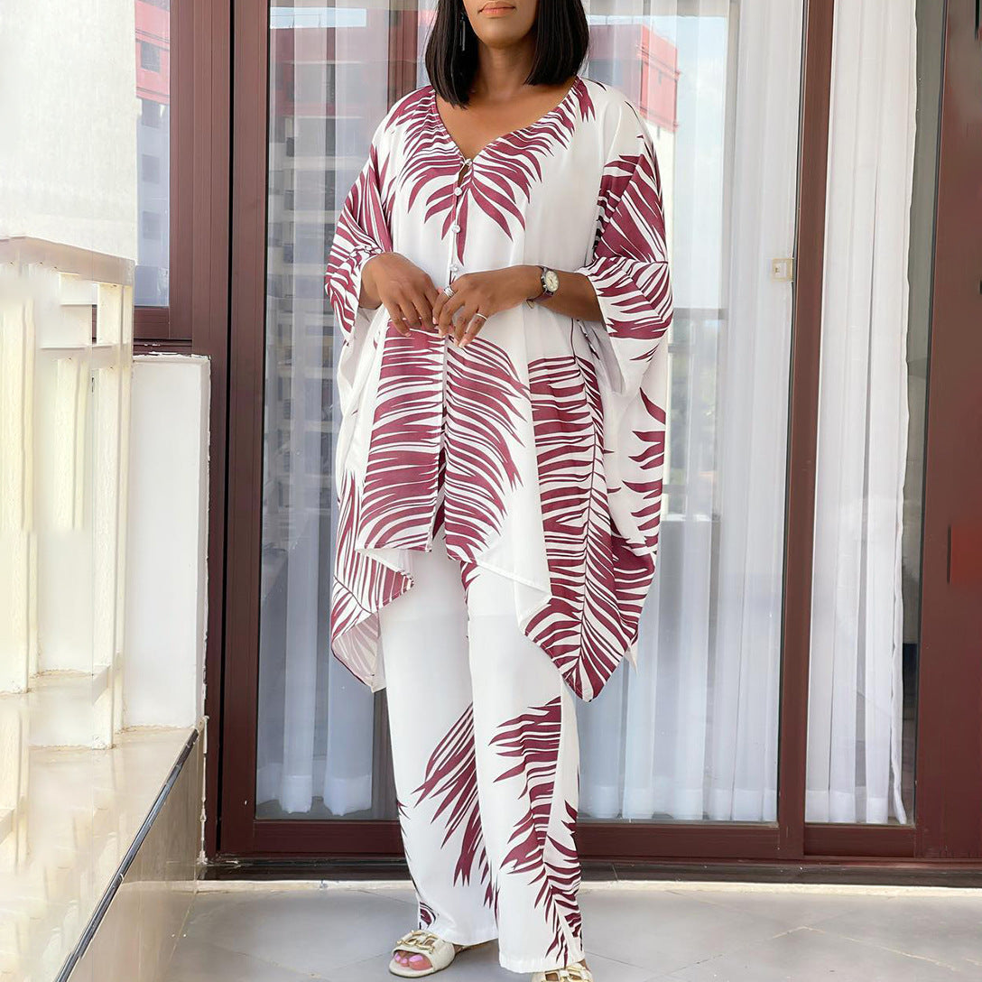 Women Loose Printed V Neck Top Wide Leg Pants Set