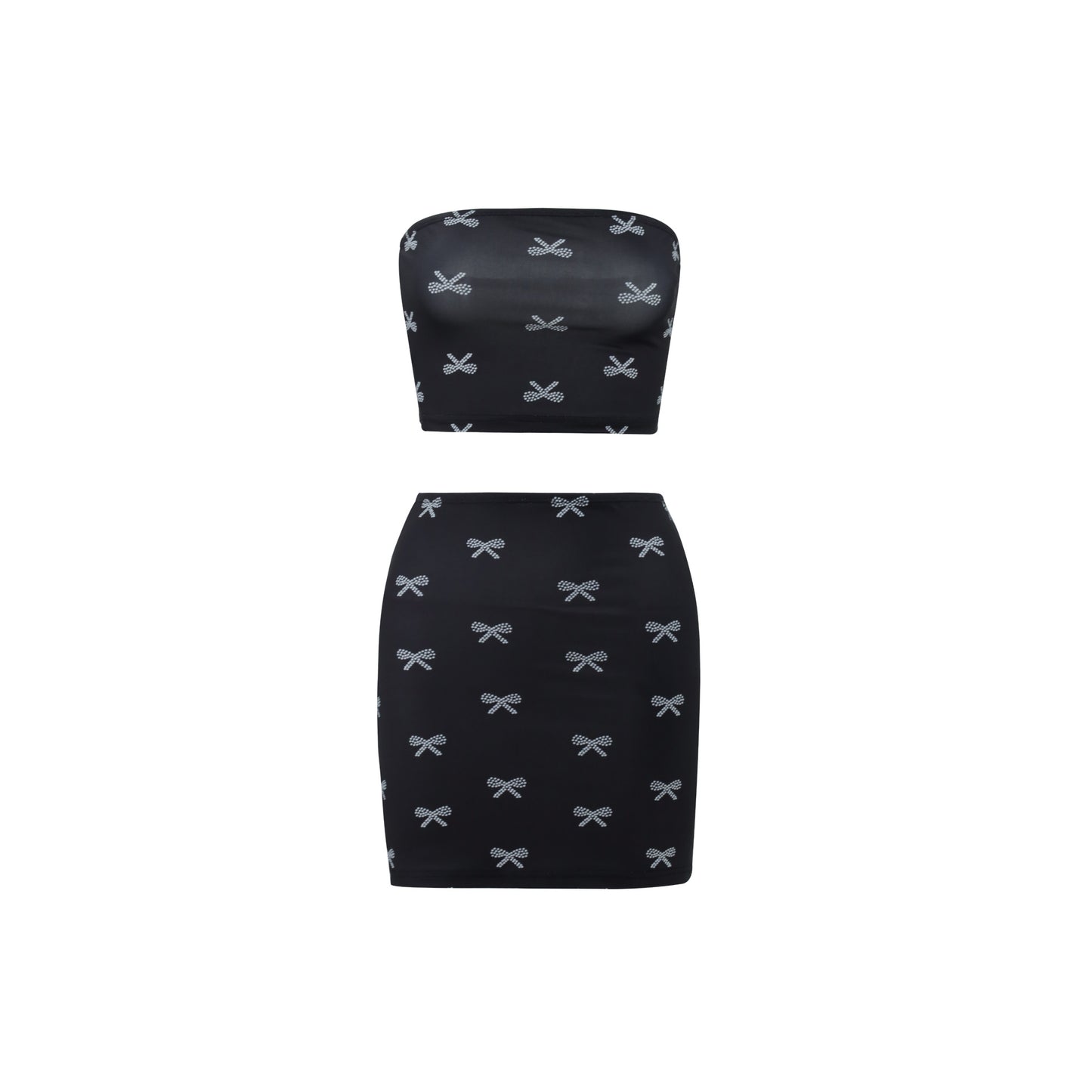 Sexy Sexy Bow Print Cropped Tube Top Short Vest Short Skirt Two Piece Suit