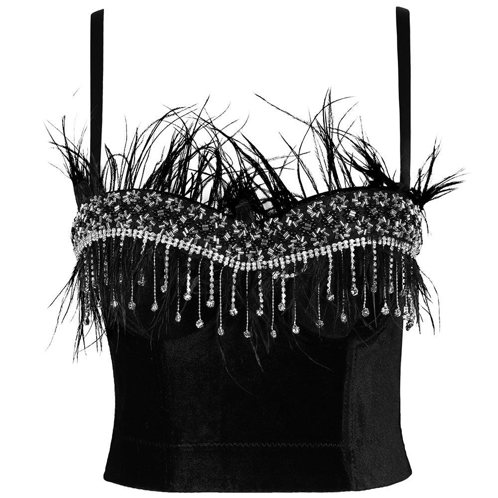 Camisola de plumas Sexy para mujer, disfraz de actuación de adulto con diamantes ligeros en el pecho envuelto para baile latino