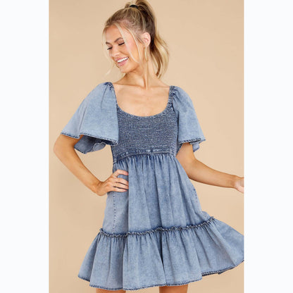 Spring Summer Close-Fitting Sexy Fresh Sweet Babydoll Denim Dress Smocked