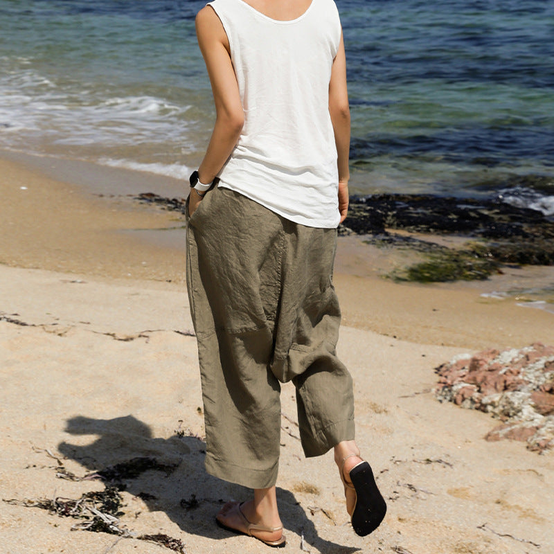 Spring Summer Artistic Texture Linen Cotton Cropped Wide Leg Pants Design Elastic Waist Pocket Loose Slimming Baggy Pants