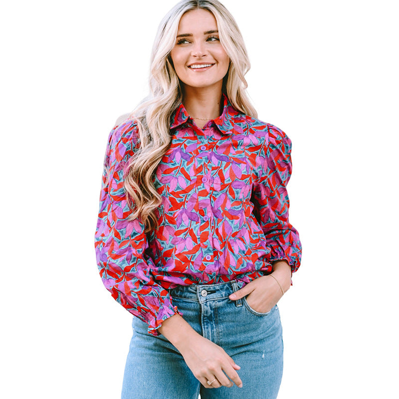 Long Sleeve Top Women Women Clothing Abstract Printing Sweet Puff Sleeve Shirt Women