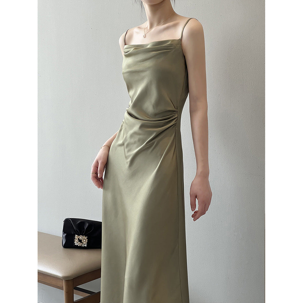 Satin-Slingkleid mit französischem Swingkragen, Sommer-Maxikleid mit Fischschwanz