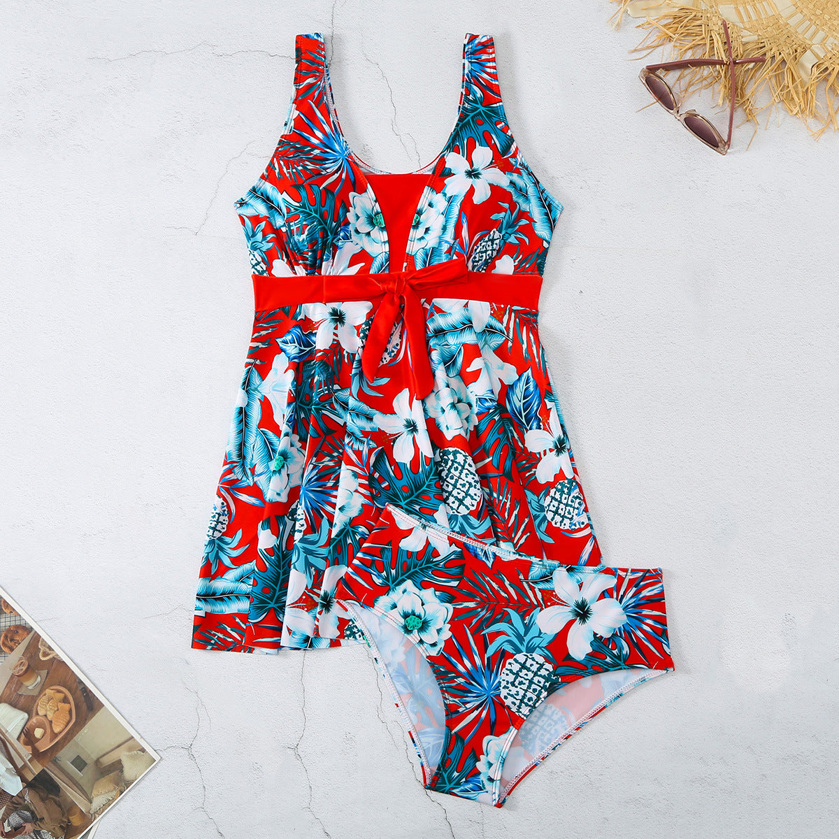 Bedruckter Bikini-Badeanzug mit geteiltem V-Ausschnitt für Damen