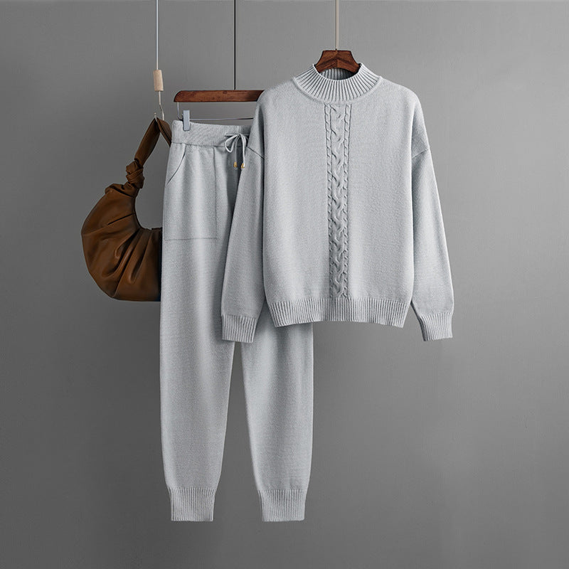 Damenbekleidung Herbst Winter Halbrollkragen Twist Strickanzug Lässiger Pullover Pullover Zweiteiliges Set