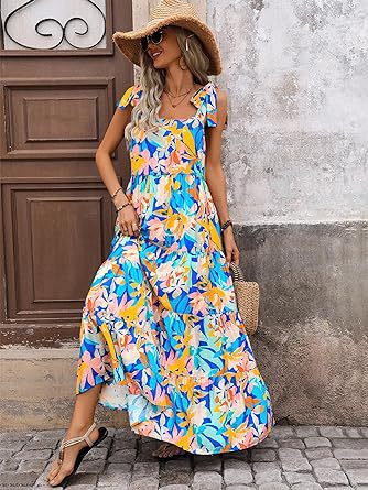 Women Clothing Spaghetti Strap Sleeveless Printed Pocket Layered Dress