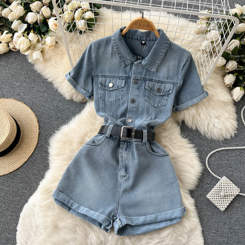 Arbeitskleidung Einteiler Denim Damen Kleine Sommerkleidung Anmutige modische Shorts mit hoher Taille und weitem Bein