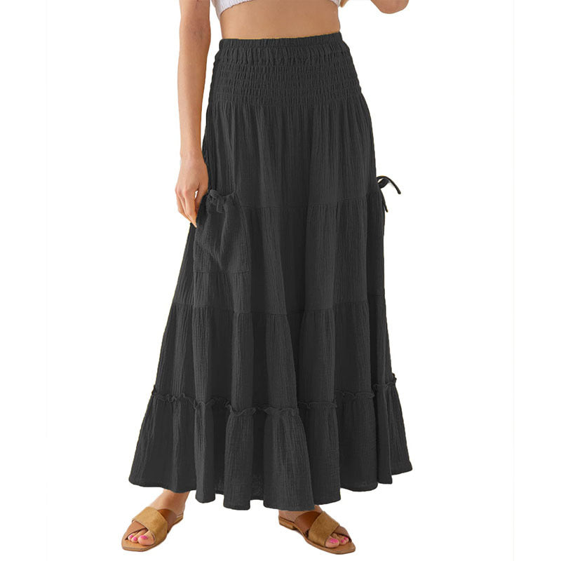 Women Ultra Long Bohemian Dress Summer Elegant Renaissance Pocket Cotton Double Layer Gauze Skirt