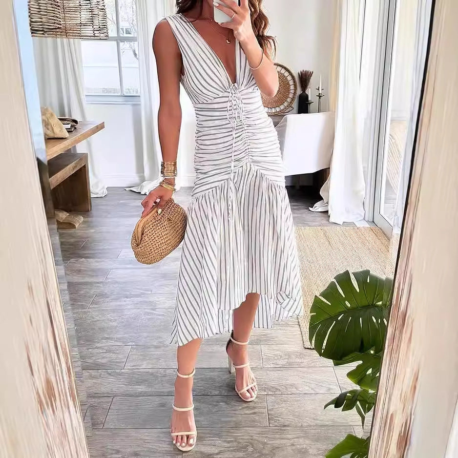 Women Clothing Summer Casual Elegant Drawstring Striped Printed Dress