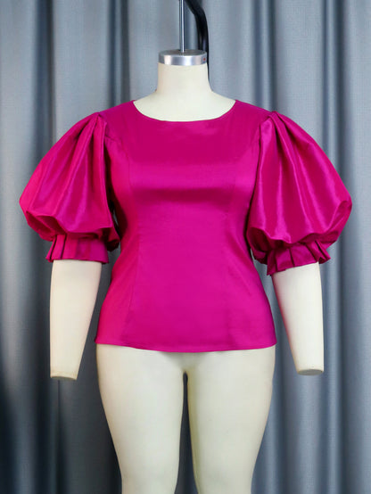 Summer Satin Lantern Sleeve Waist Controlled Top Crew Neck Casual All Matching Women Wear Tops