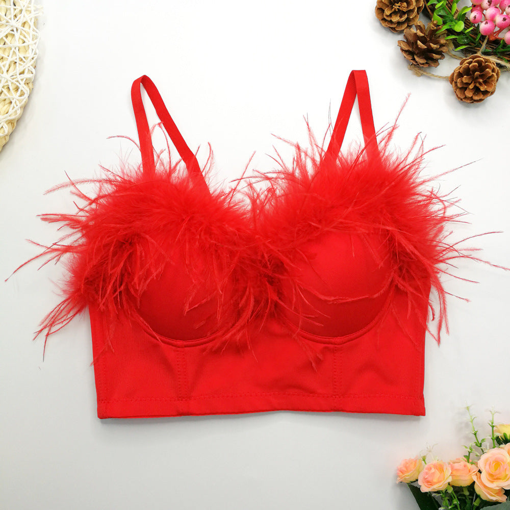 Corsé con plumas de avestruz, ropa interior envolvente para el pecho, abrigo de plumas sexy para discoteca, escote en V profundo sin espalda, tirantes sexys para mujer