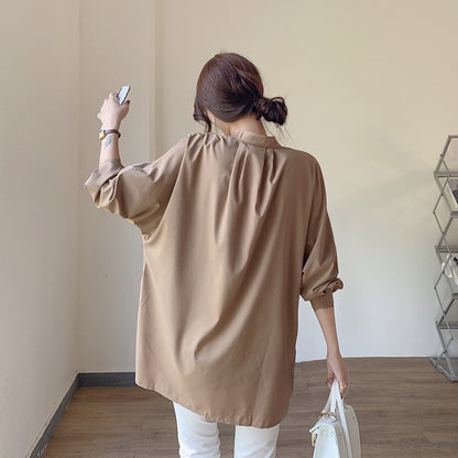 Long Sleeve Autumn Women Long Sleeve Shirt Loose Batwing Sleeve Side Slit Shirt