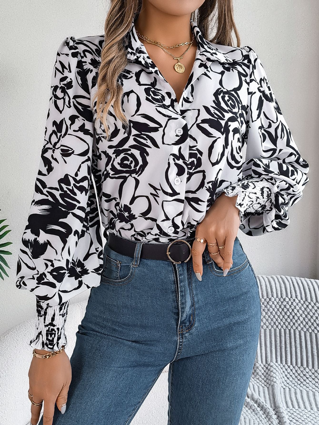 Real Shot Otoño Invierno elegante contraste Color Floral linterna manga camisa con cuello ropa de mujer